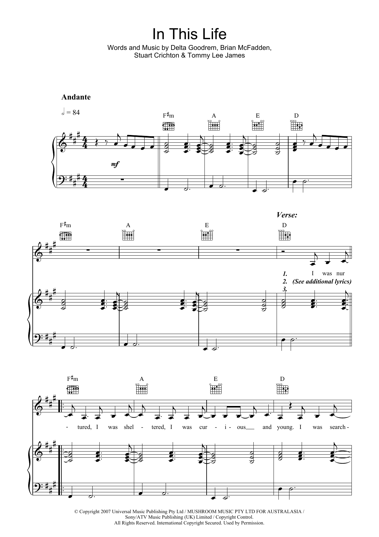 Download Delta Goodrem In This Life Sheet Music and learn how to play Piano, Vocal & Guitar PDF digital score in minutes