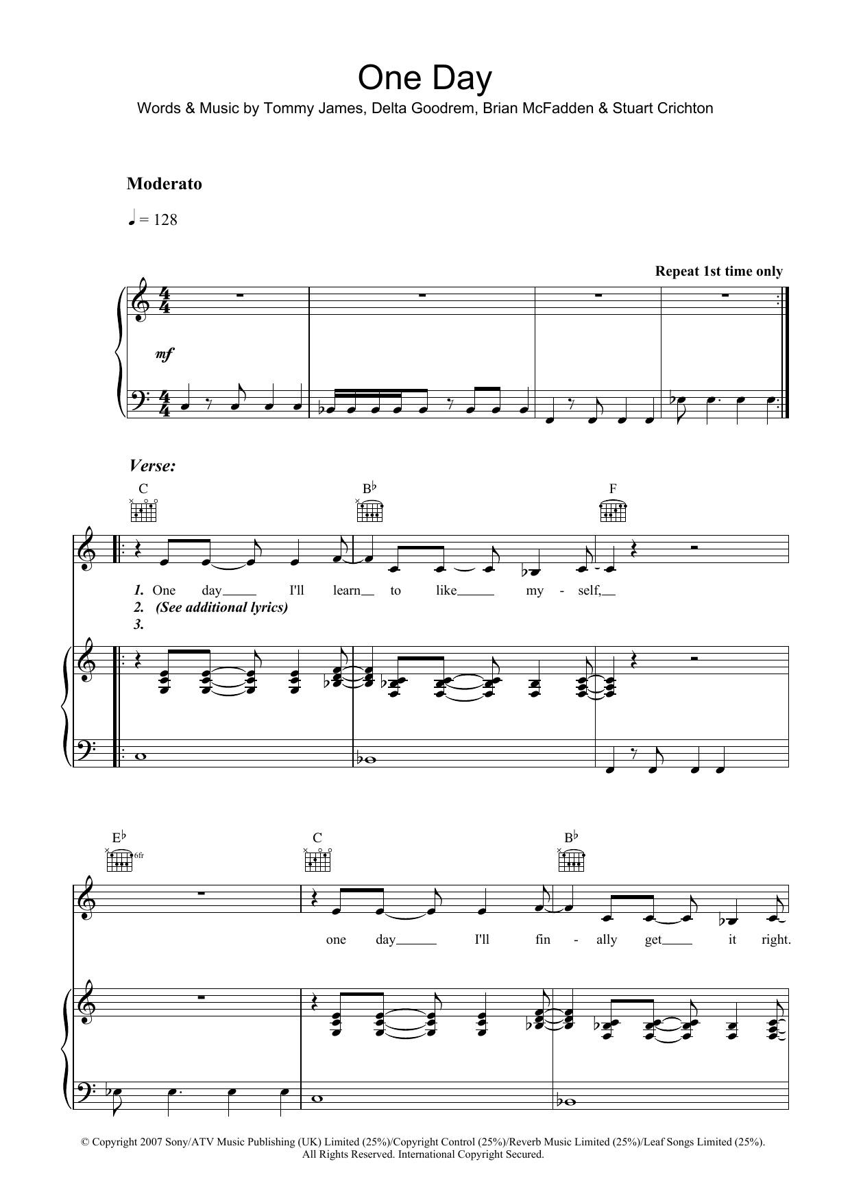 Download Delta Goodrem One Day Sheet Music and learn how to play Piano, Vocal & Guitar (Right-Hand Melody) PDF digital score in minutes