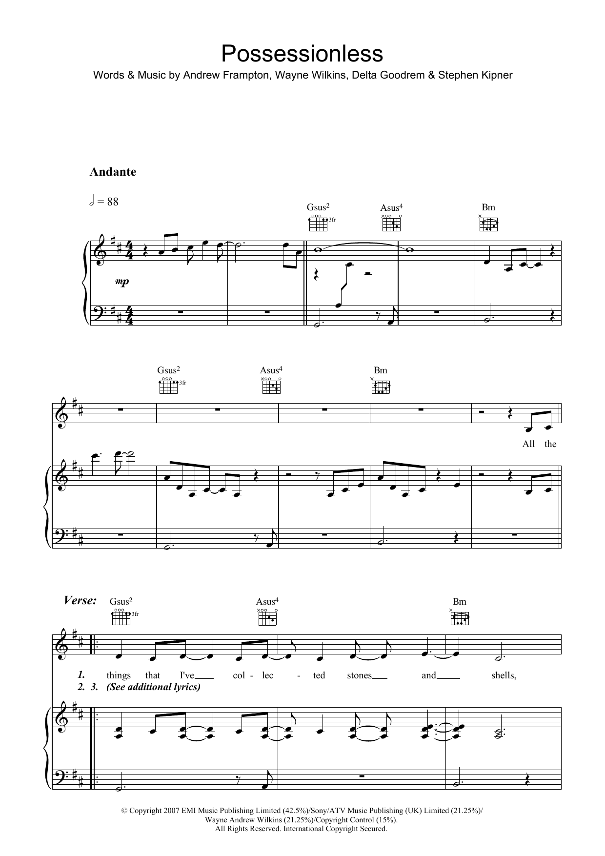 Download Delta Goodrem Possessionless Sheet Music and learn how to play Piano, Vocal & Guitar (Right-Hand Melody) PDF digital score in minutes