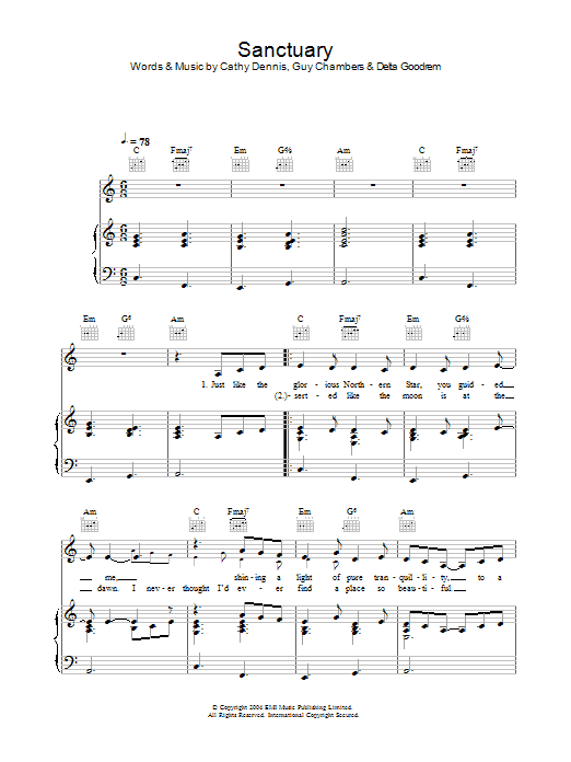 Download Delta Goodrem Sanctuary Sheet Music and learn how to play Piano, Vocal & Guitar (Right-Hand Melody) PDF digital score in minutes