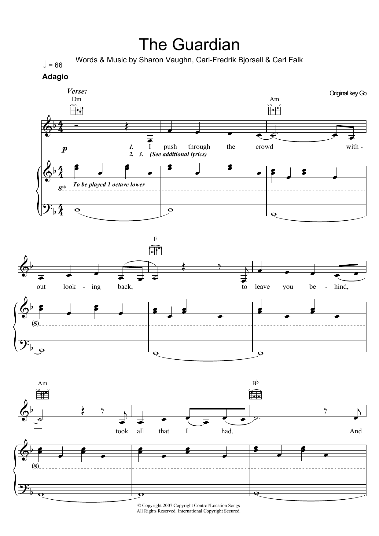 Download Delta Goodrem The Guardian Sheet Music and learn how to play Piano, Vocal & Guitar PDF digital score in minutes