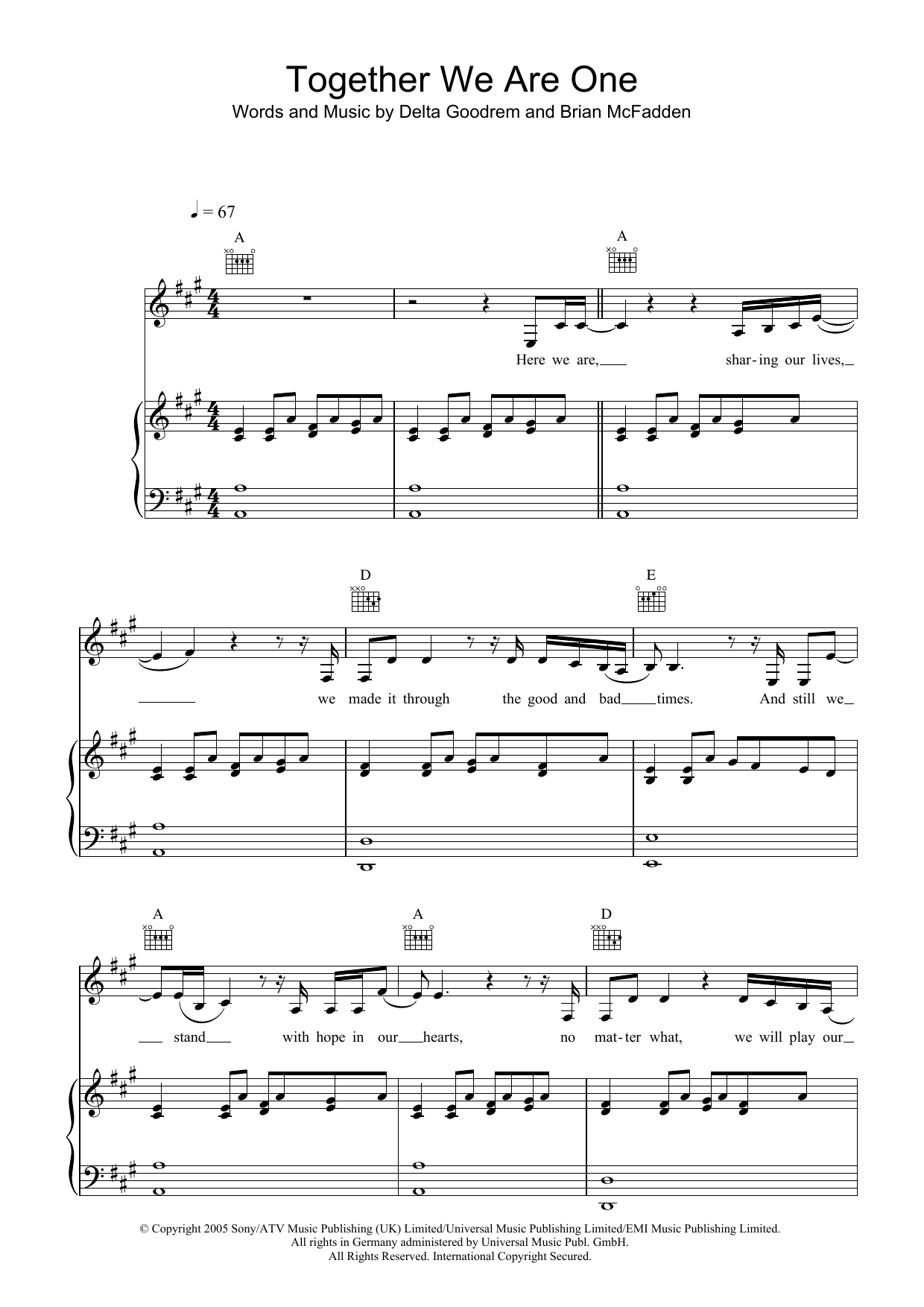 Download Delta Goodrem Together We Are One Sheet Music and learn how to play Piano, Vocal & Guitar (Right-Hand Melody) PDF digital score in minutes
