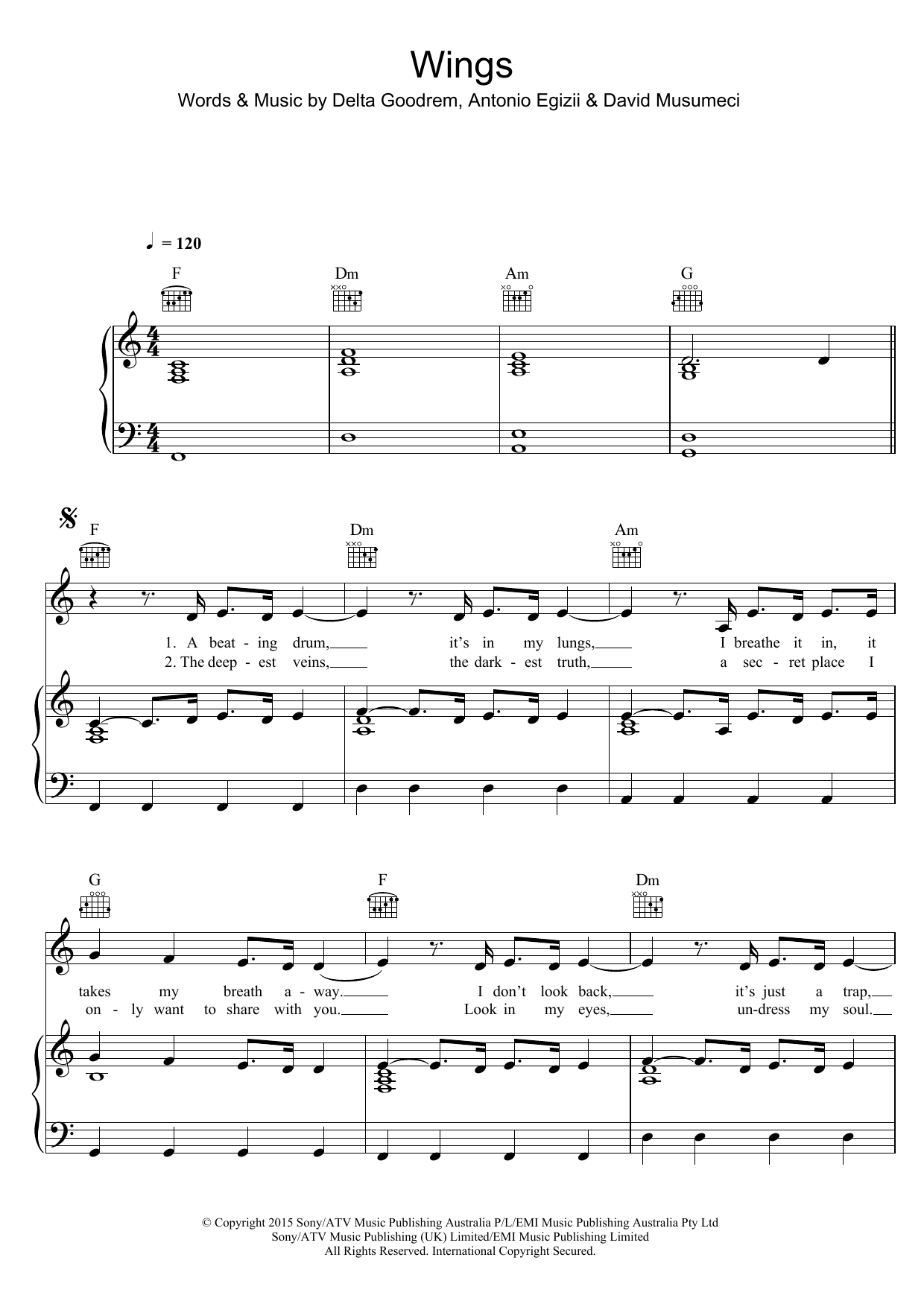Download Delta Goodrem Wings Sheet Music and learn how to play Melody Line, Lyrics & Chords PDF digital score in minutes