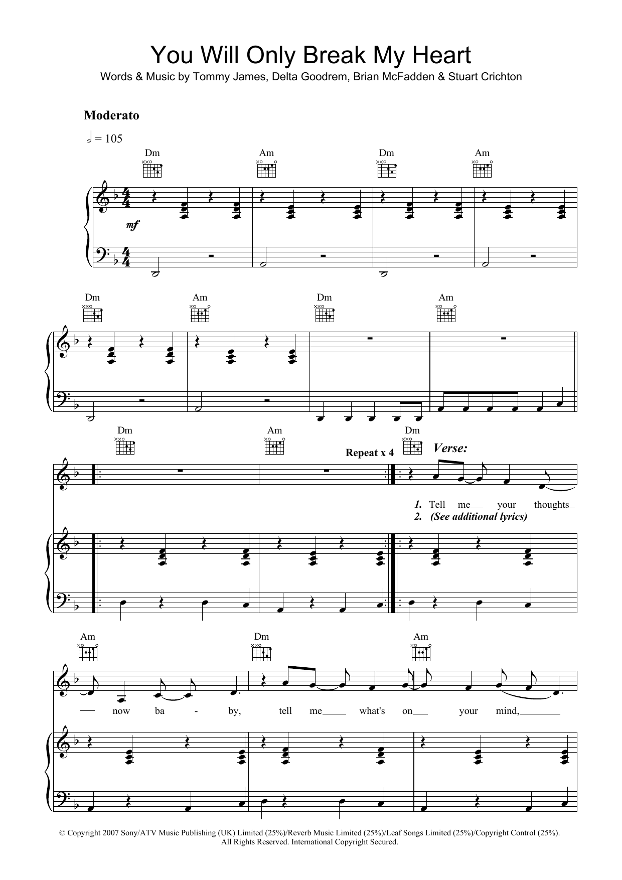 Download Delta Goodrem You Will Only Break My Heart Sheet Music and learn how to play Piano, Vocal & Guitar PDF digital score in minutes