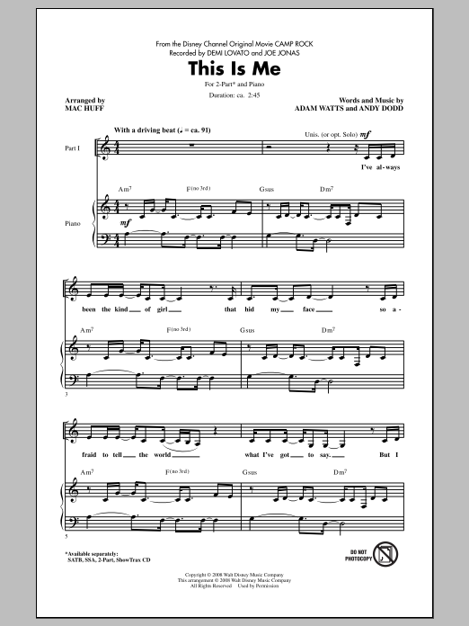 Download Demi Lovato This Is Me (from Camp Rock) (arr. Mac Huff) Sheet Music and learn how to play 2-Part Choir PDF digital score in minutes