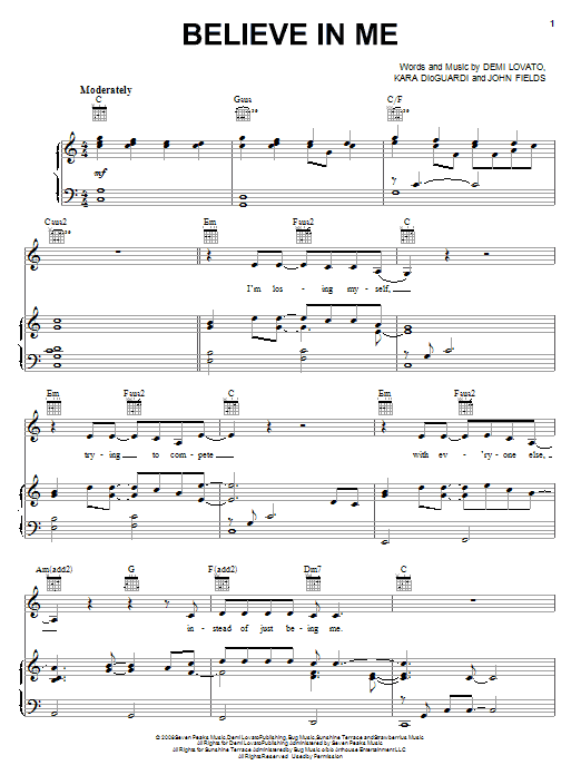 Download Demi Lovato Believe In Me Sheet Music and learn how to play Piano, Vocal & Guitar (Right-Hand Melody) PDF digital score in minutes
