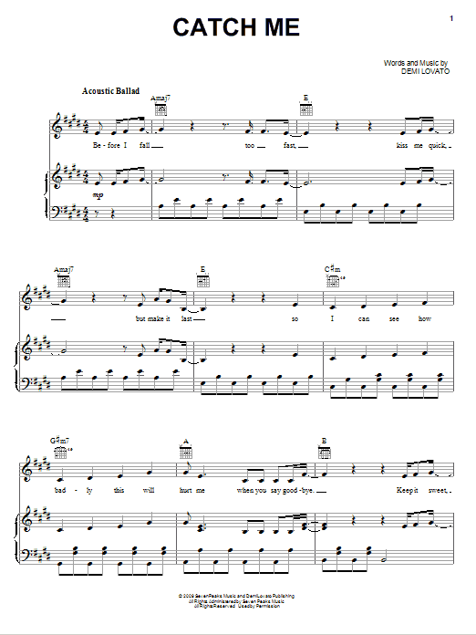 Download Demi Lovato Catch Me Sheet Music and learn how to play Piano, Vocal & Guitar (Right-Hand Melody) PDF digital score in minutes