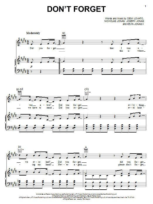Download Demi Lovato Don't Forget Sheet Music and learn how to play Piano, Vocal & Guitar (Right-Hand Melody) PDF digital score in minutes
