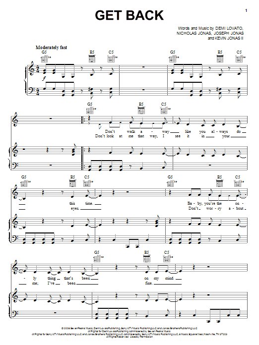 Download Demi Lovato Get Back Sheet Music and learn how to play Piano, Vocal & Guitar (Right-Hand Melody) PDF digital score in minutes