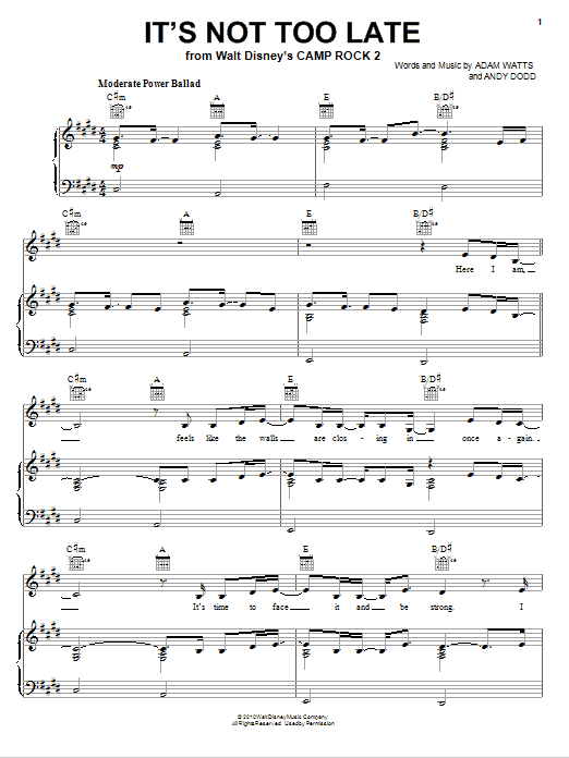 Download Demi Lovato It's Not Too Late Sheet Music and learn how to play Piano, Vocal & Guitar (Right-Hand Melody) PDF digital score in minutes