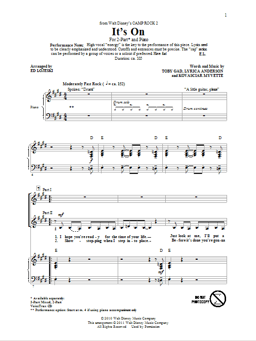 Download Camp Rock 2 (Movie) It's On (arr. Ed Lojeski) Sheet Music and learn how to play 2-Part Choir PDF digital score in minutes