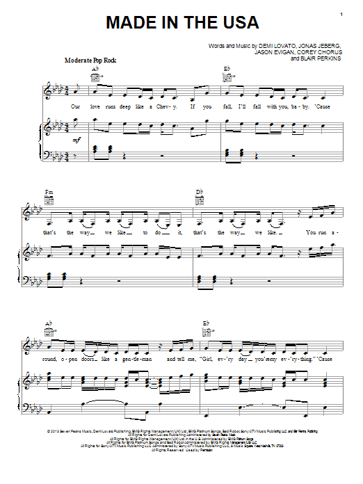 Download Demi Lovato Made In The USA Sheet Music and learn how to play Piano, Vocal & Guitar (Right-Hand Melody) PDF digital score in minutes