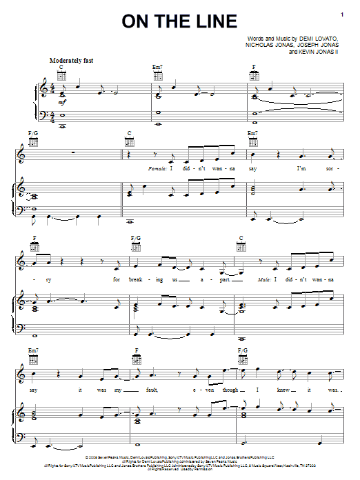 Download Demi Lovato On The Line Sheet Music and learn how to play Piano, Vocal & Guitar (Right-Hand Melody) PDF digital score in minutes