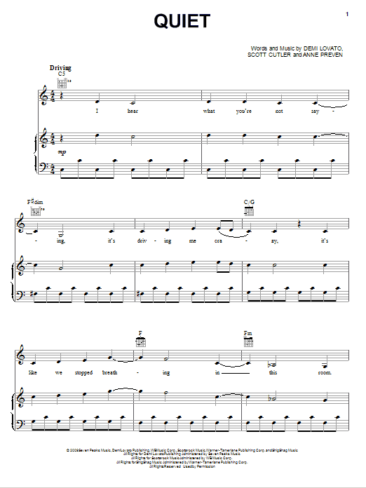Download Demi Lovato Quiet Sheet Music and learn how to play Piano, Vocal & Guitar (Right-Hand Melody) PDF digital score in minutes
