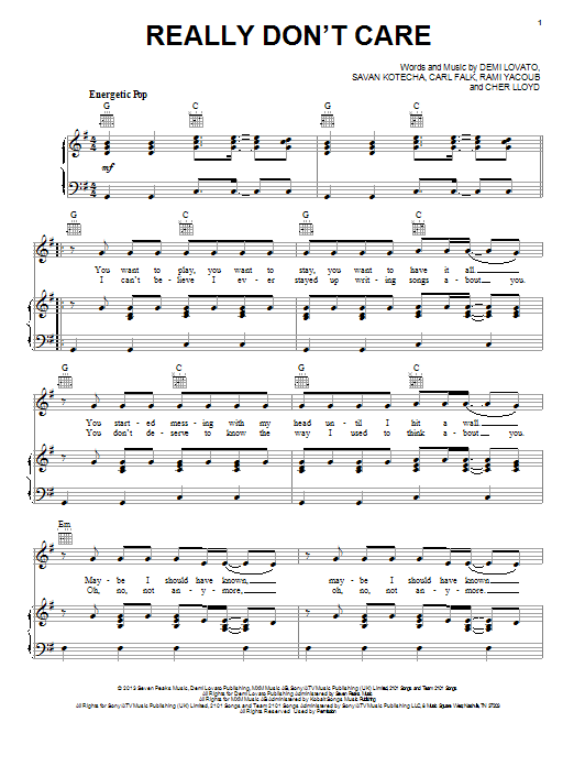 Download Demi Lovato Really Don't Care Sheet Music and learn how to play Piano, Vocal & Guitar (Right-Hand Melody) PDF digital score in minutes