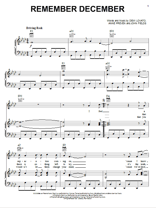 Download Demi Lovato Remember December Sheet Music and learn how to play Piano, Vocal & Guitar (Right-Hand Melody) PDF digital score in minutes