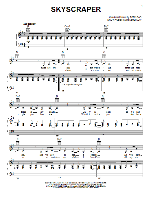 Download Demi Lovato Skyscraper Sheet Music and learn how to play Very Easy Piano PDF digital score in minutes