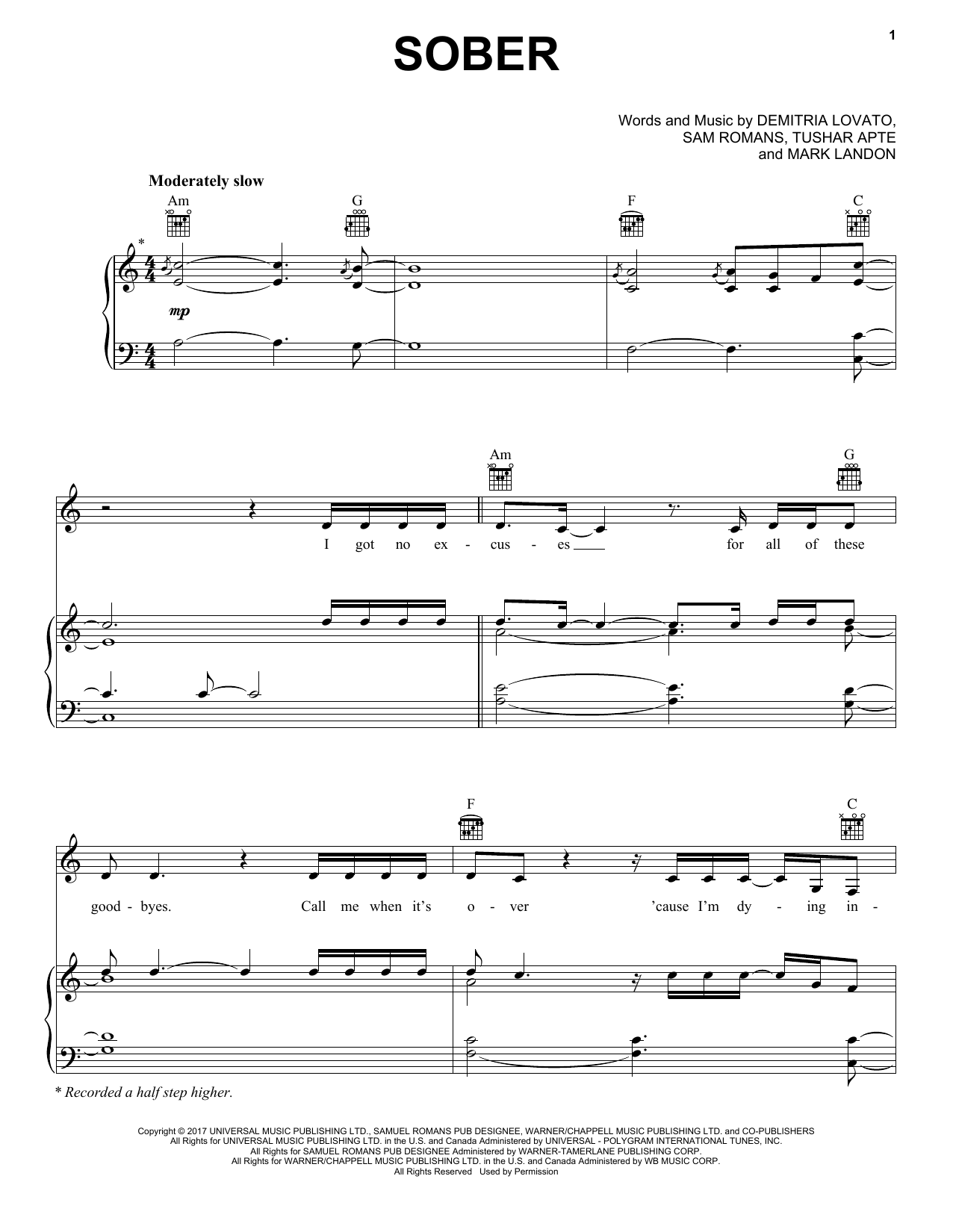 Download Demi Lovato Sober Sheet Music and learn how to play Piano, Vocal & Guitar (Right-Hand Melody) PDF digital score in minutes