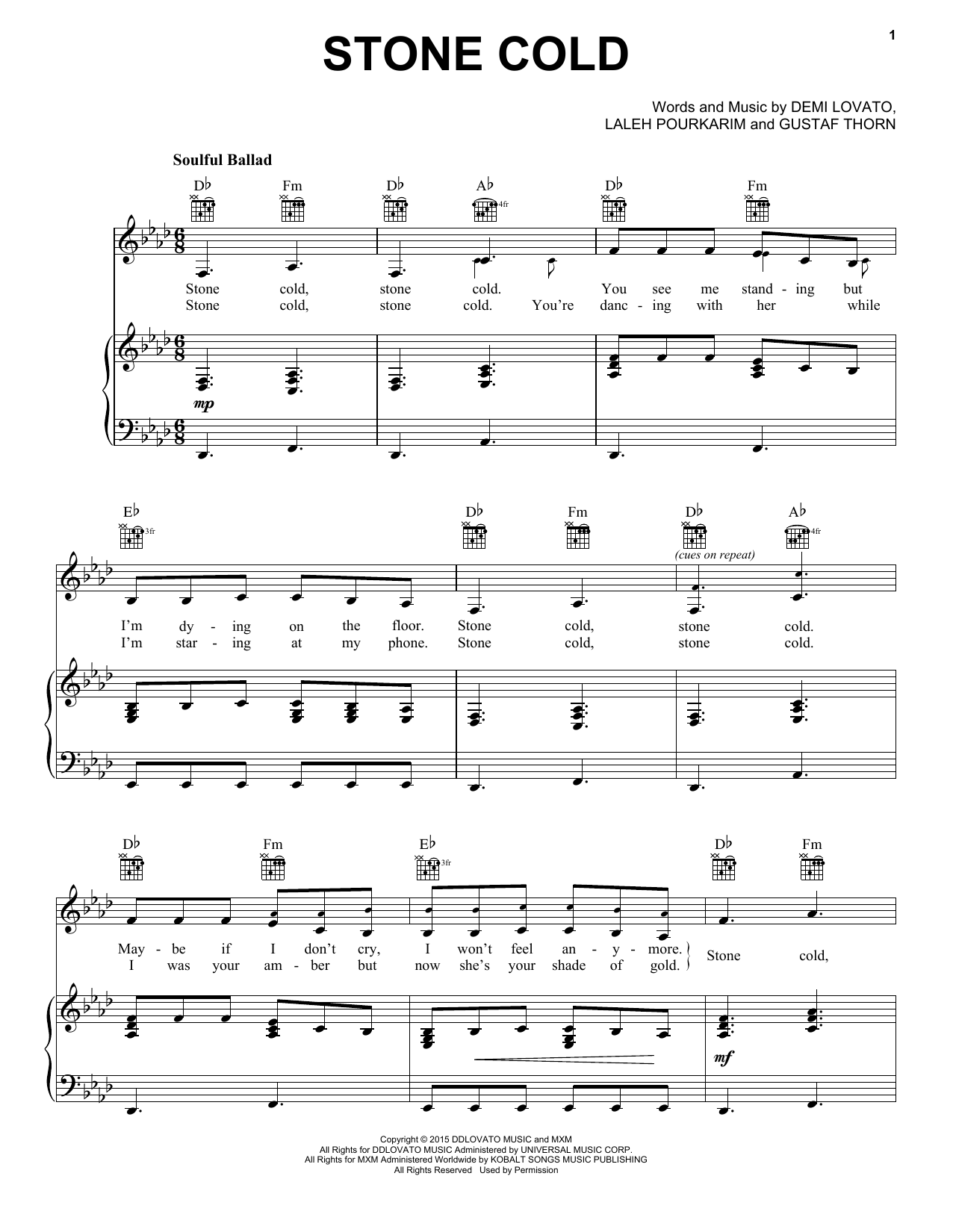 Download Demi Lovato Stone Cold Sheet Music and learn how to play Piano, Vocal & Guitar (Right-Hand Melody) PDF digital score in minutes