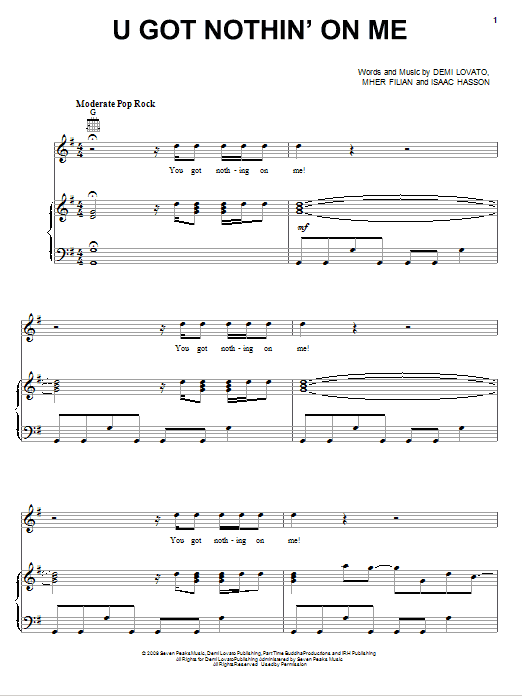 Download Demi Lovato U Got Nothin' On Me Sheet Music and learn how to play Piano, Vocal & Guitar (Right-Hand Melody) PDF digital score in minutes