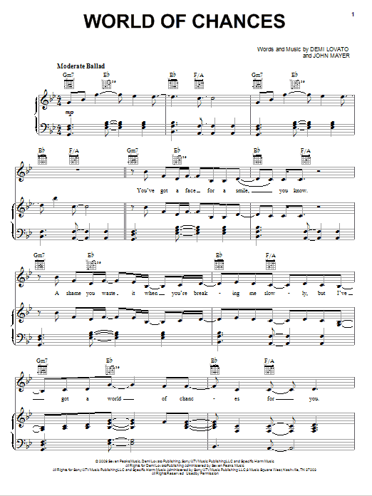 Download Demi Lovato World Of Chances Sheet Music and learn how to play Piano, Vocal & Guitar (Right-Hand Melody) PDF digital score in minutes