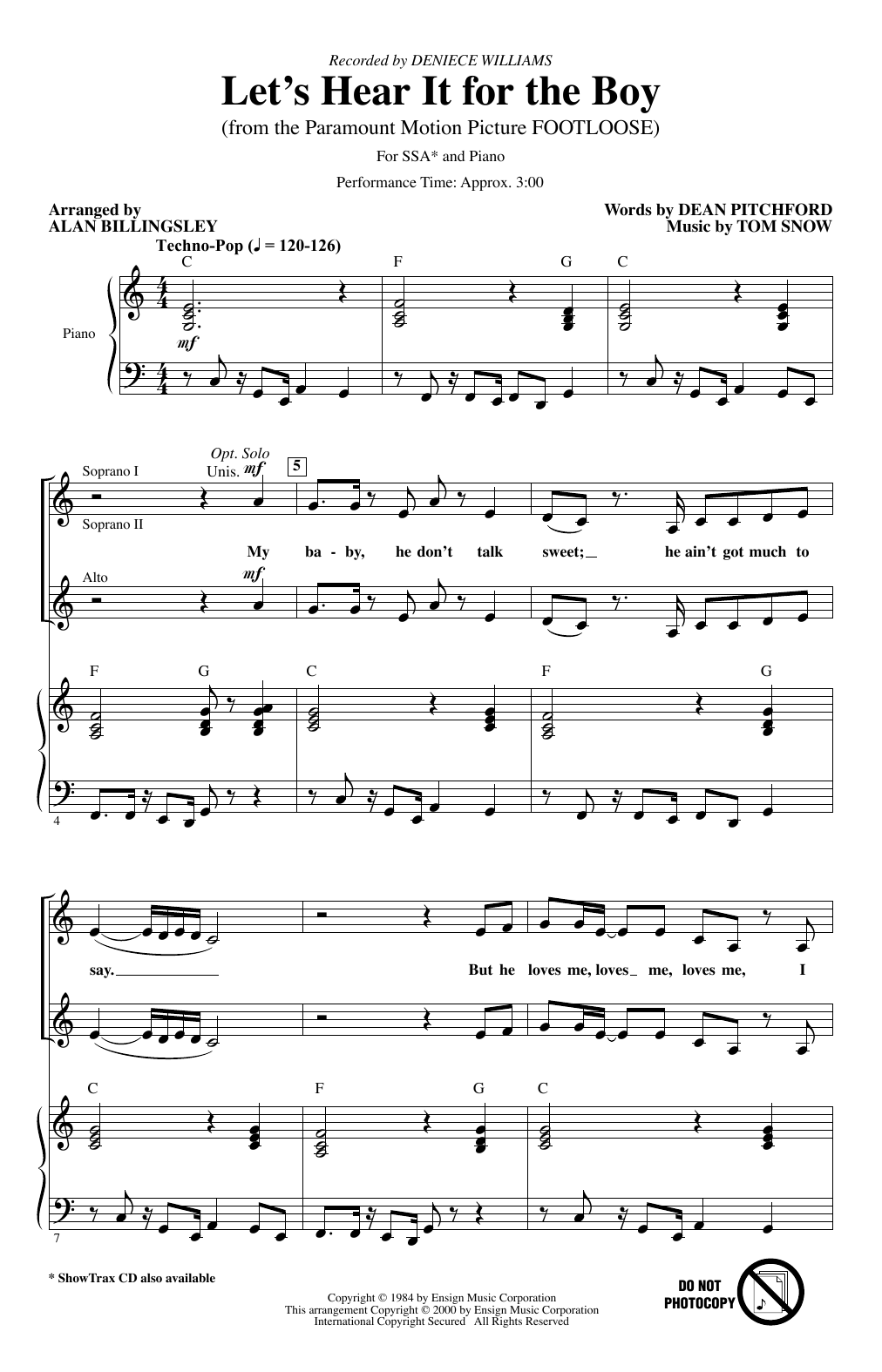 Download Deniece Williams Let's Hear It For The Boy (from Footloose) (arr. Alan Billingsley) Sheet Music and learn how to play SSA Choir PDF digital score in minutes