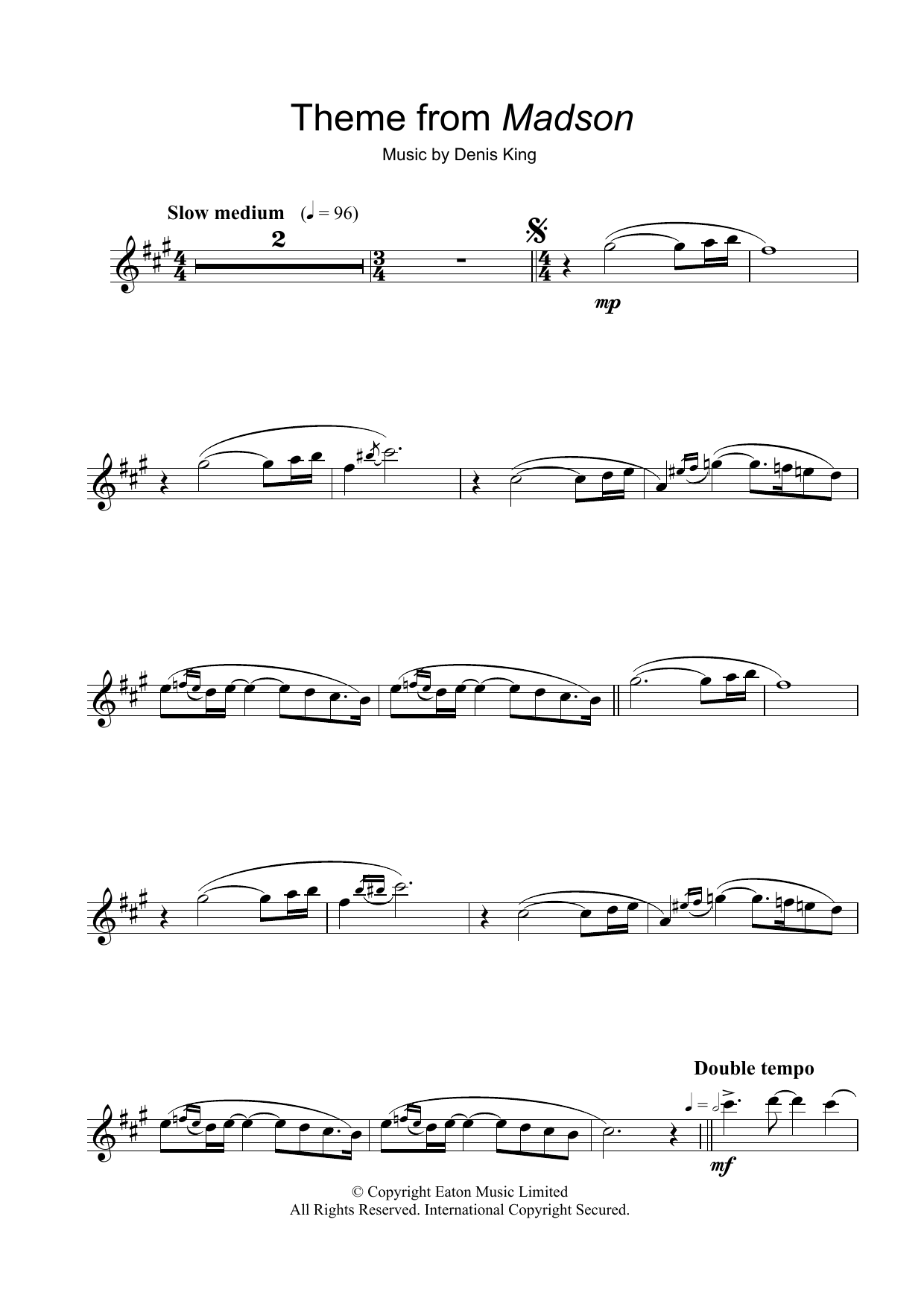 Download Denis King Theme from Madson Sheet Music and learn how to play Alto Saxophone PDF digital score in minutes
