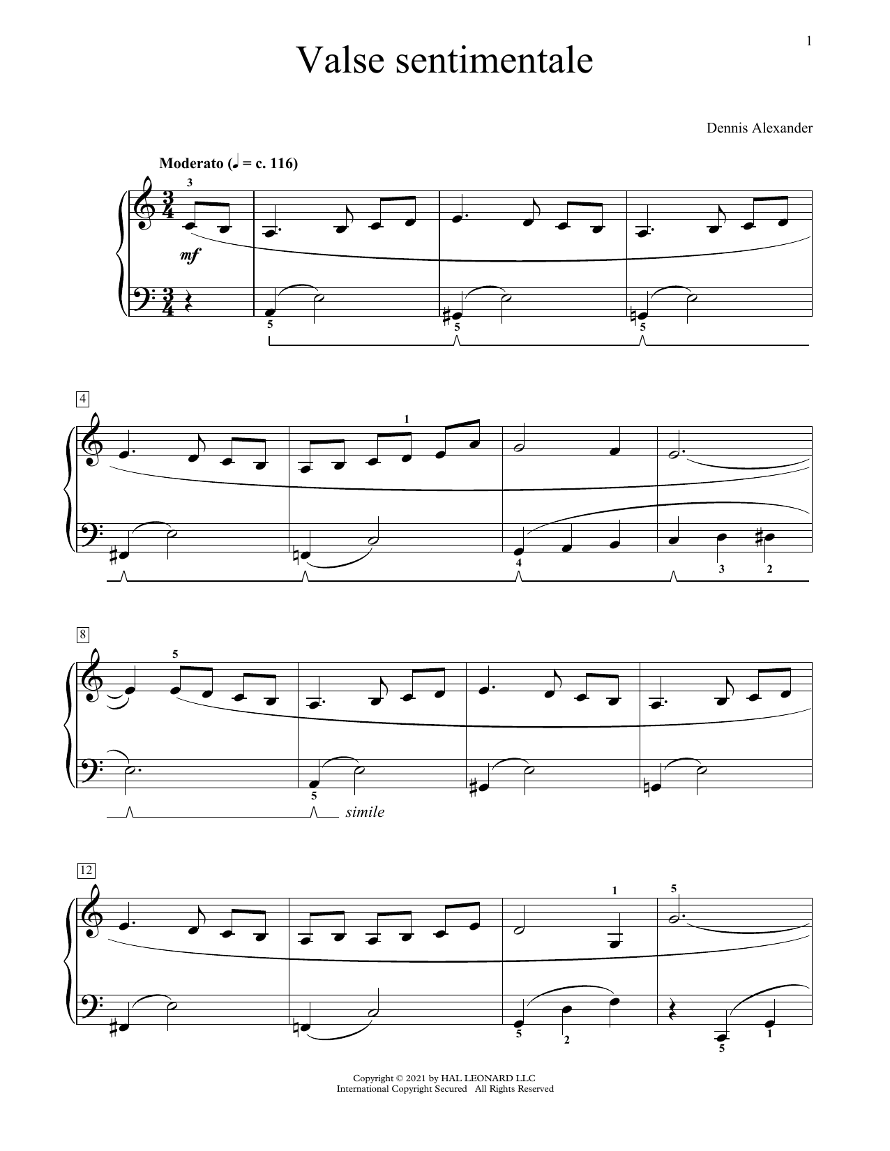 Download Dennis Alexander Valse Sentimentale Sheet Music and learn how to play Educational Piano PDF digital score in minutes