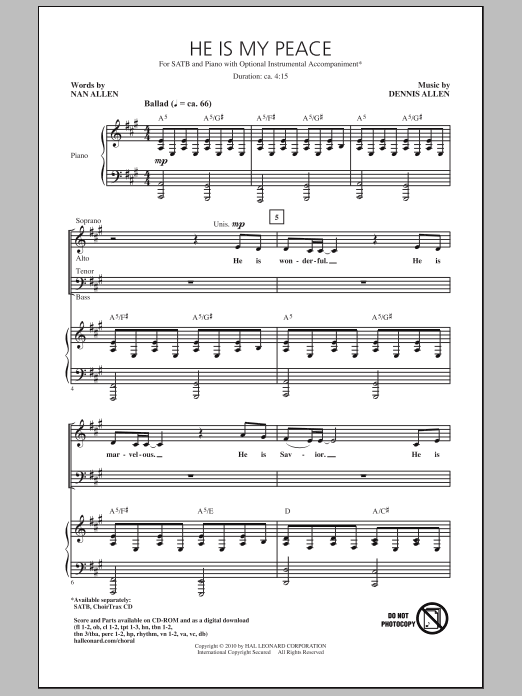 Download Dennis Allen He Is My Peace Sheet Music and learn how to play SATB Choir PDF digital score in minutes