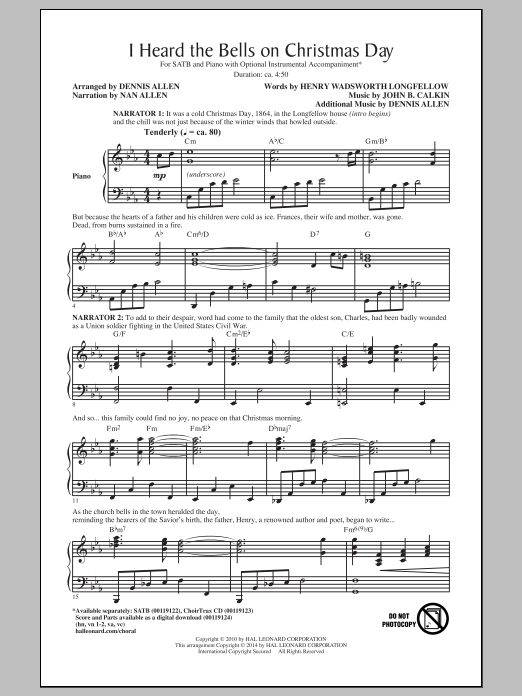 Download John B. Calkin I Heard The Bells On Christmas Day (arr. Dennis Allen) Sheet Music and learn how to play SATB PDF digital score in minutes