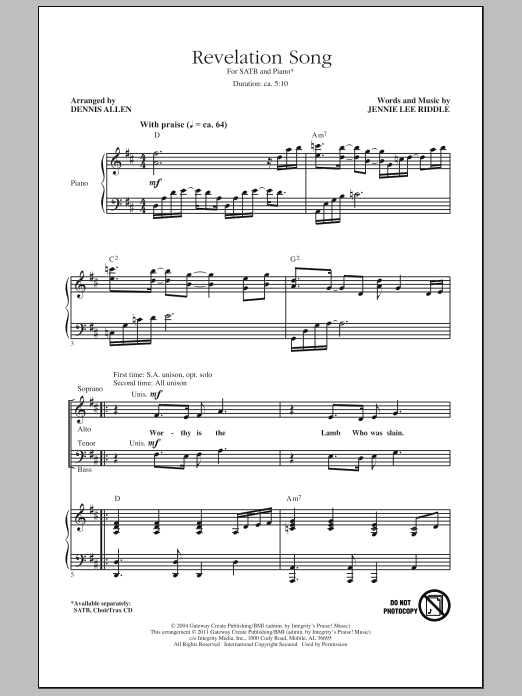 Download Dennis Allen Revelation Song Sheet Music and learn how to play SATB PDF digital score in minutes