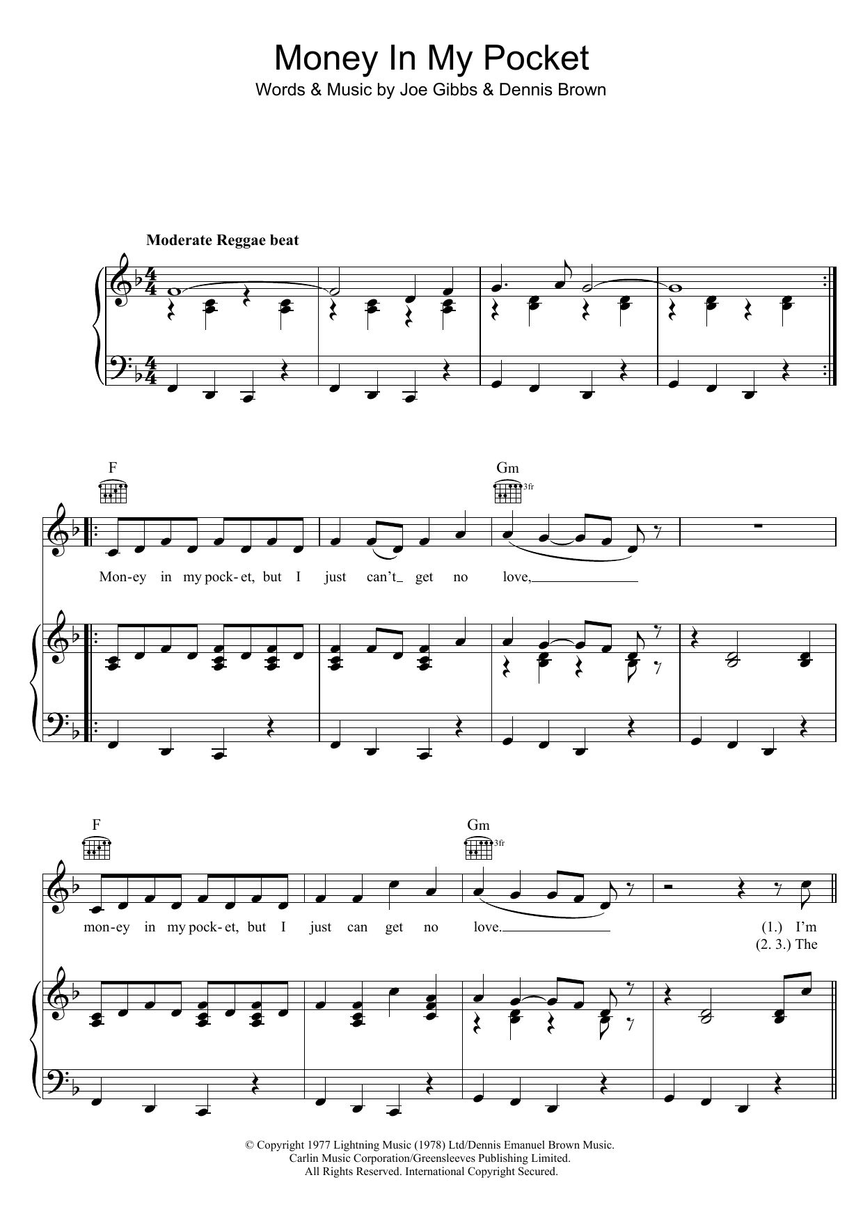 Download Dennis Brown Money In My Pocket Sheet Music and learn how to play Lyrics & Chords PDF digital score in minutes