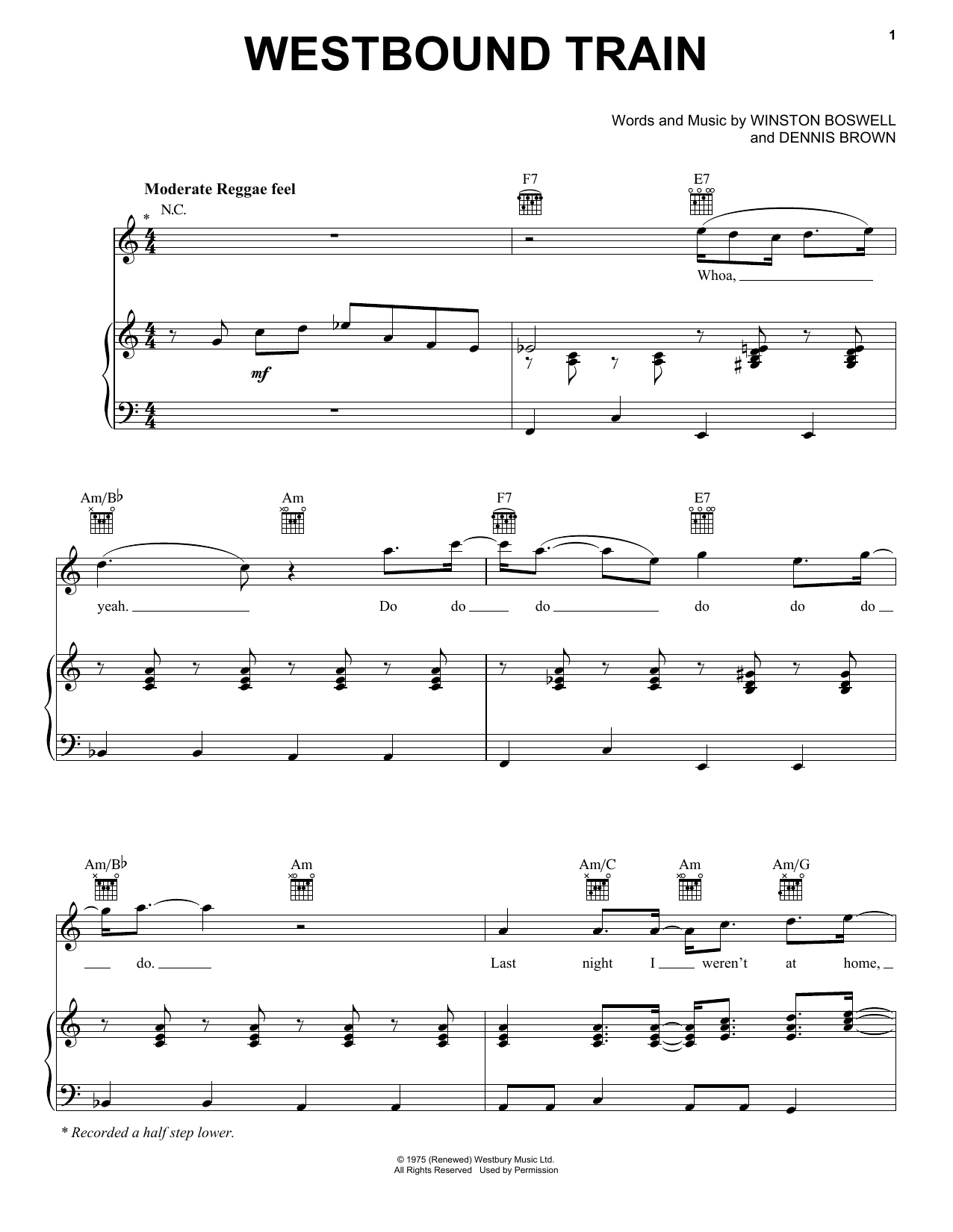 Download Dennis Brown Westbound Train Sheet Music and learn how to play Piano, Vocal & Guitar Chords (Right-Hand Melody) PDF digital score in minutes