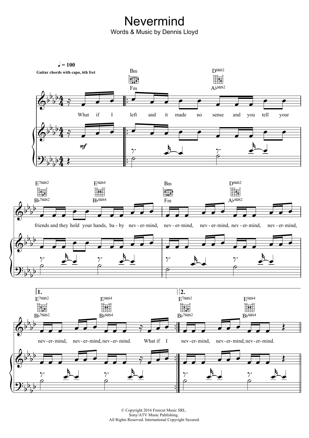 Download Dennis Lloyd Nevermind Sheet Music and learn how to play Really Easy Piano PDF digital score in minutes