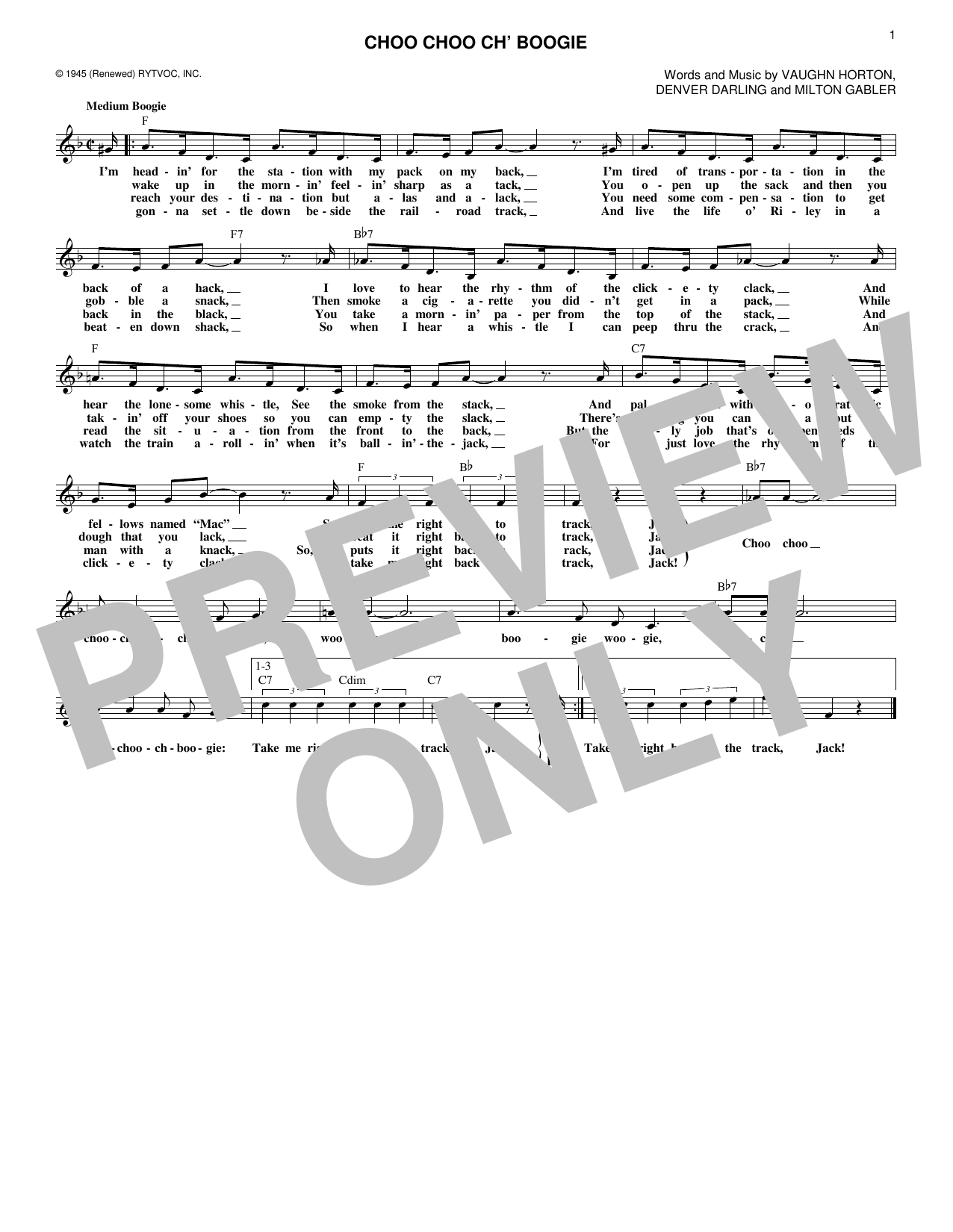 Download Denver Darling Choo Choo Ch' Boogie Sheet Music and learn how to play Melody Line, Lyrics & Chords PDF digital score in minutes