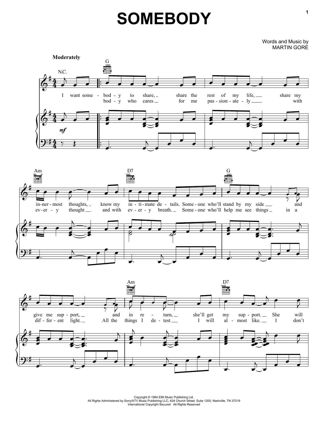 Download Depeche Mode Somebody Sheet Music and learn how to play Piano, Vocal & Guitar Chords (Right-Hand Melody) PDF digital score in minutes