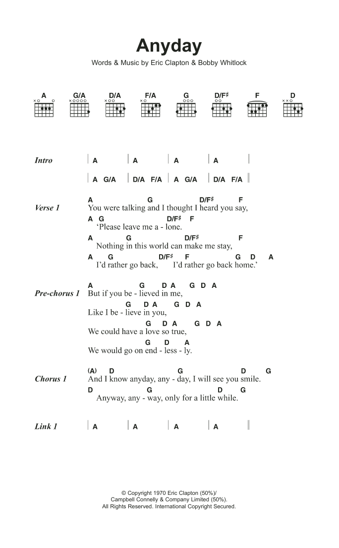Download Eric Clapton Anyday Sheet Music and learn how to play Lyrics & Chords PDF digital score in minutes