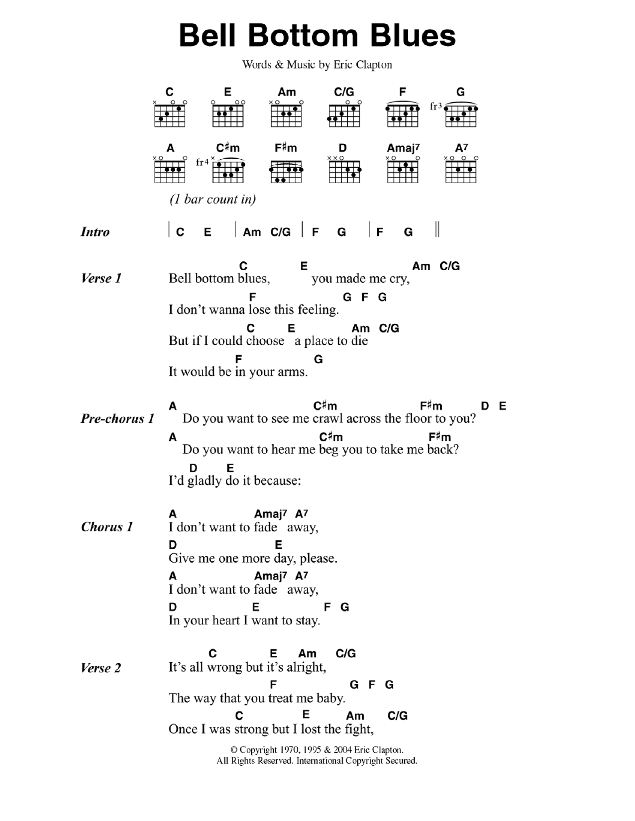 Download Eric Clapton Bell Bottom Blues Sheet Music and learn how to play Lyrics & Chords PDF digital score in minutes
