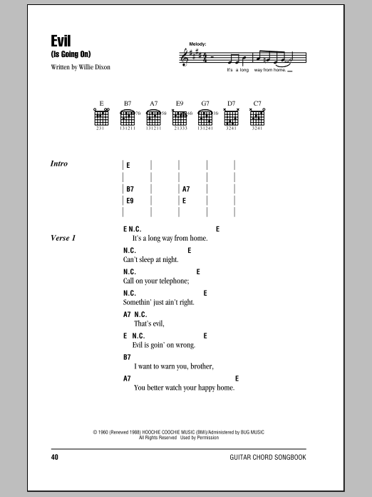 Download Eric Clapton Evil (Is Going On) Sheet Music and learn how to play Lyrics & Chords PDF digital score in minutes