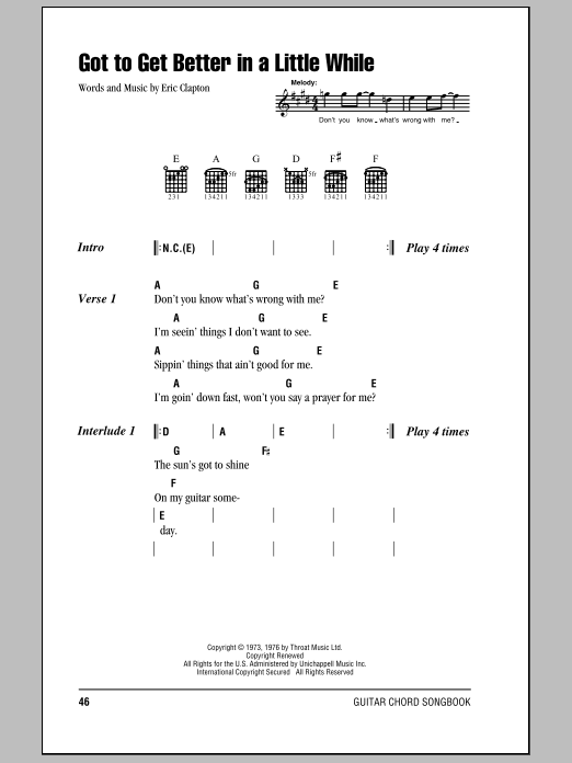 Download Eric Clapton Got To Get Better In A Little While Sheet Music and learn how to play Lyrics & Chords PDF digital score in minutes