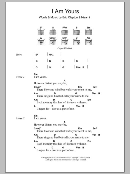 Download Eric Clapton I Am Yours Sheet Music and learn how to play Lyrics & Chords PDF digital score in minutes