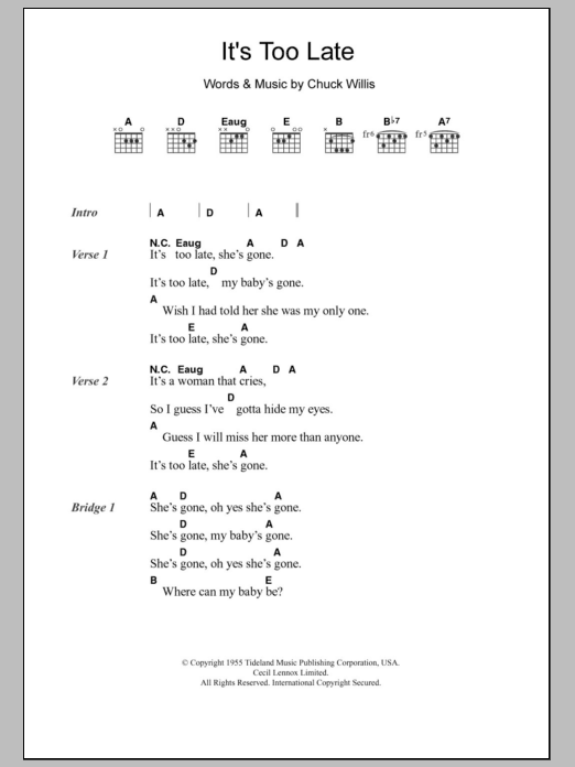Download Eric Clapton It's Too Late Sheet Music and learn how to play Lyrics & Chords PDF digital score in minutes