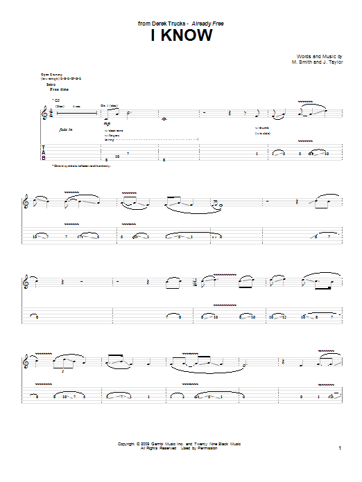 Download Derek Trucks I Know Sheet Music and learn how to play Guitar Tab PDF digital score in minutes