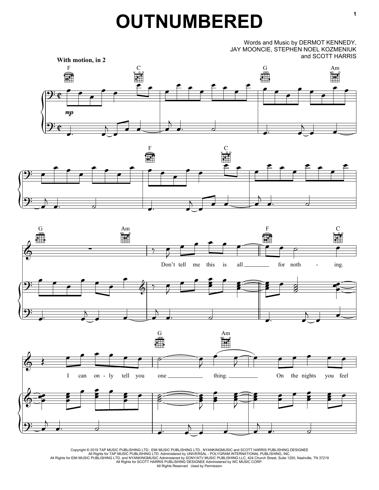 Download Dermot Kennedy Outnumbered Sheet Music and learn how to play Piano, Vocal & Guitar Chords (Right-Hand Melody) PDF digital score in minutes