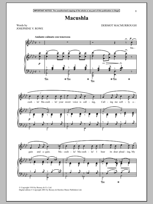 Download Dermot MacMurrough Macushla Sheet Music and learn how to play Piano & Vocal PDF digital score in minutes