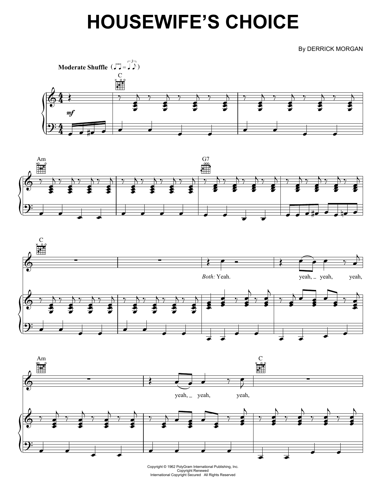 Download Derrick Morgan Housewife's Choice Sheet Music and learn how to play Piano, Vocal & Guitar Chords (Right-Hand Melody) PDF digital score in minutes