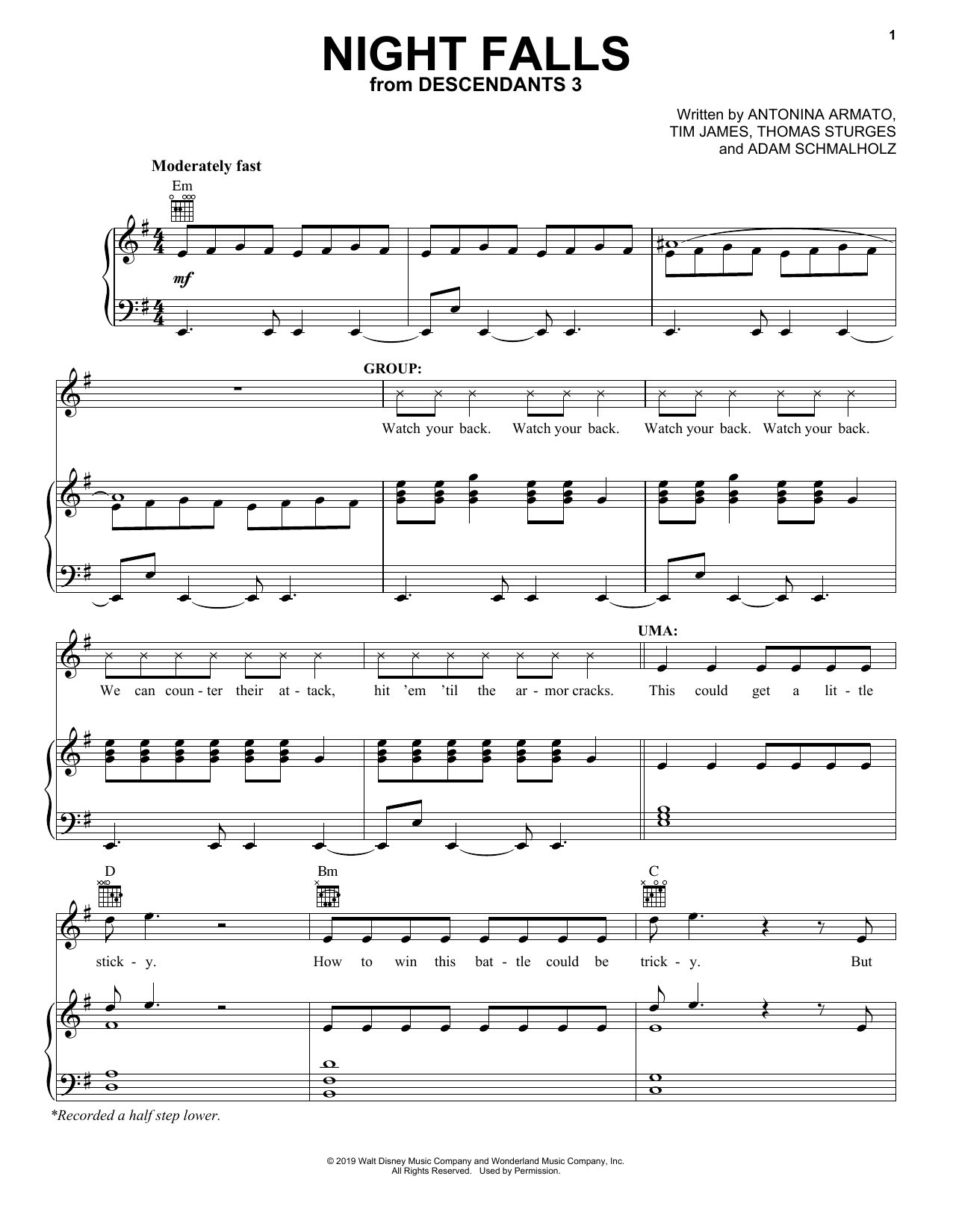 Download Descendants 3 Cast Night Falls (from Disney's Descendants 3) Sheet Music and learn how to play Piano, Vocal & Guitar Chords (Right-Hand Melody) PDF digital score in minutes