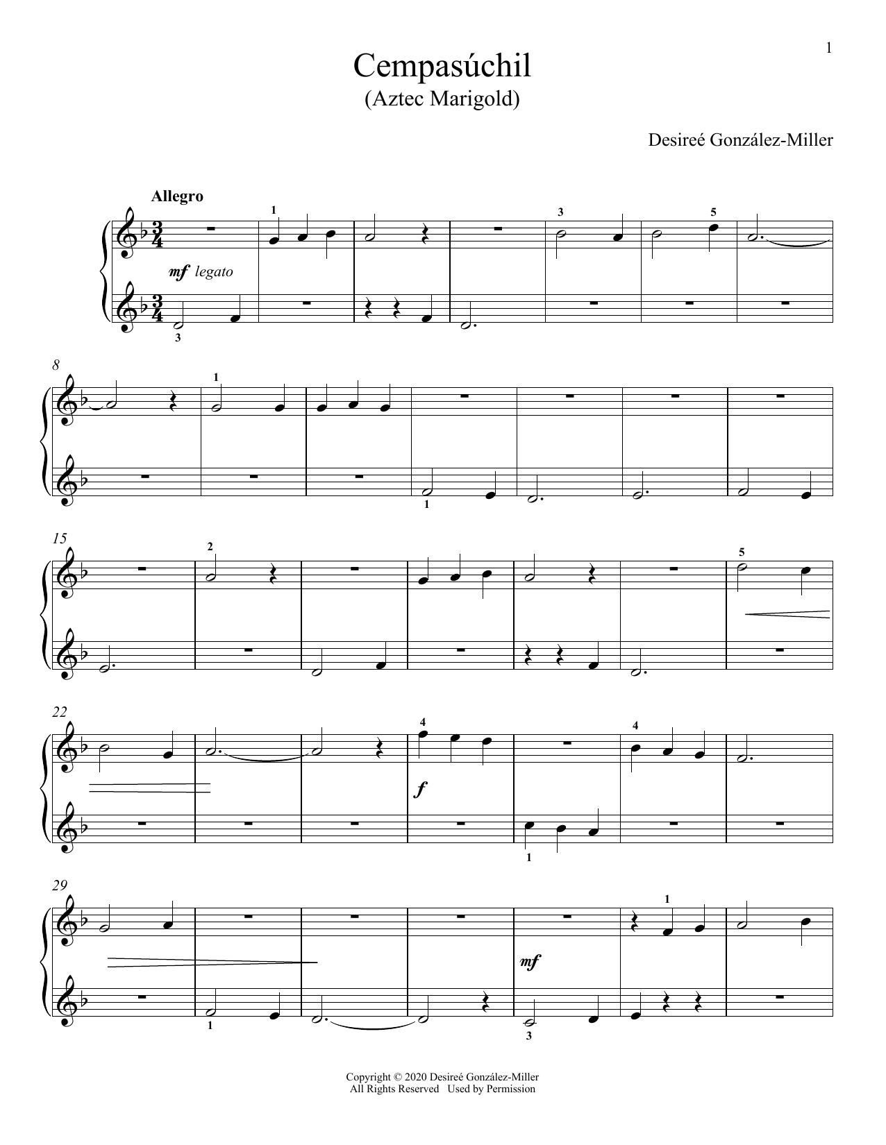 Download Desireé Gonzalez-Miller Cempasúchil (Aztec Marigold) Sheet Music and learn how to play Piano Solo PDF digital score in minutes