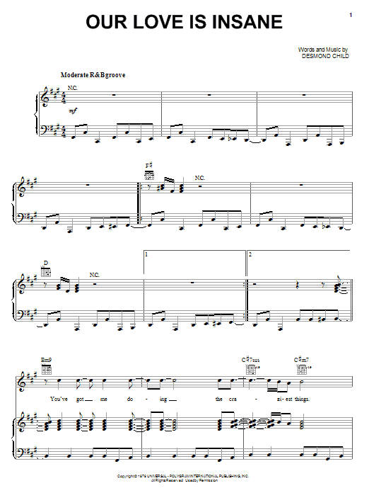 Download Desmond Child & Rouge Our Love Is Insane Sheet Music and learn how to play Piano, Vocal & Guitar (Right-Hand Melody) PDF digital score in minutes
