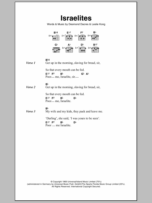 Download Desmond Dekker & The Aces The Israelites Sheet Music and learn how to play Lyrics & Chords PDF digital score in minutes